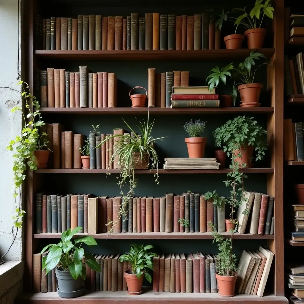 a photo of a rustic bookshelf filled with vintage books and potted plants