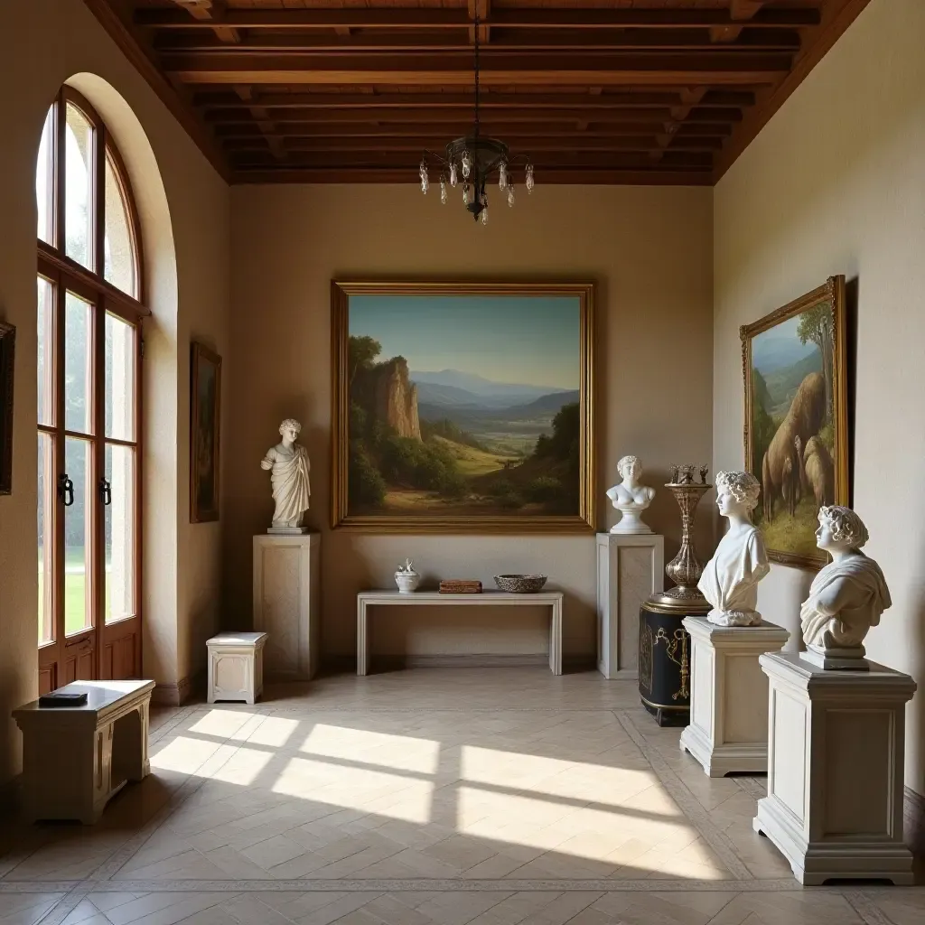 a photo of a library showcasing Mediterranean landscape paintings and sculptures