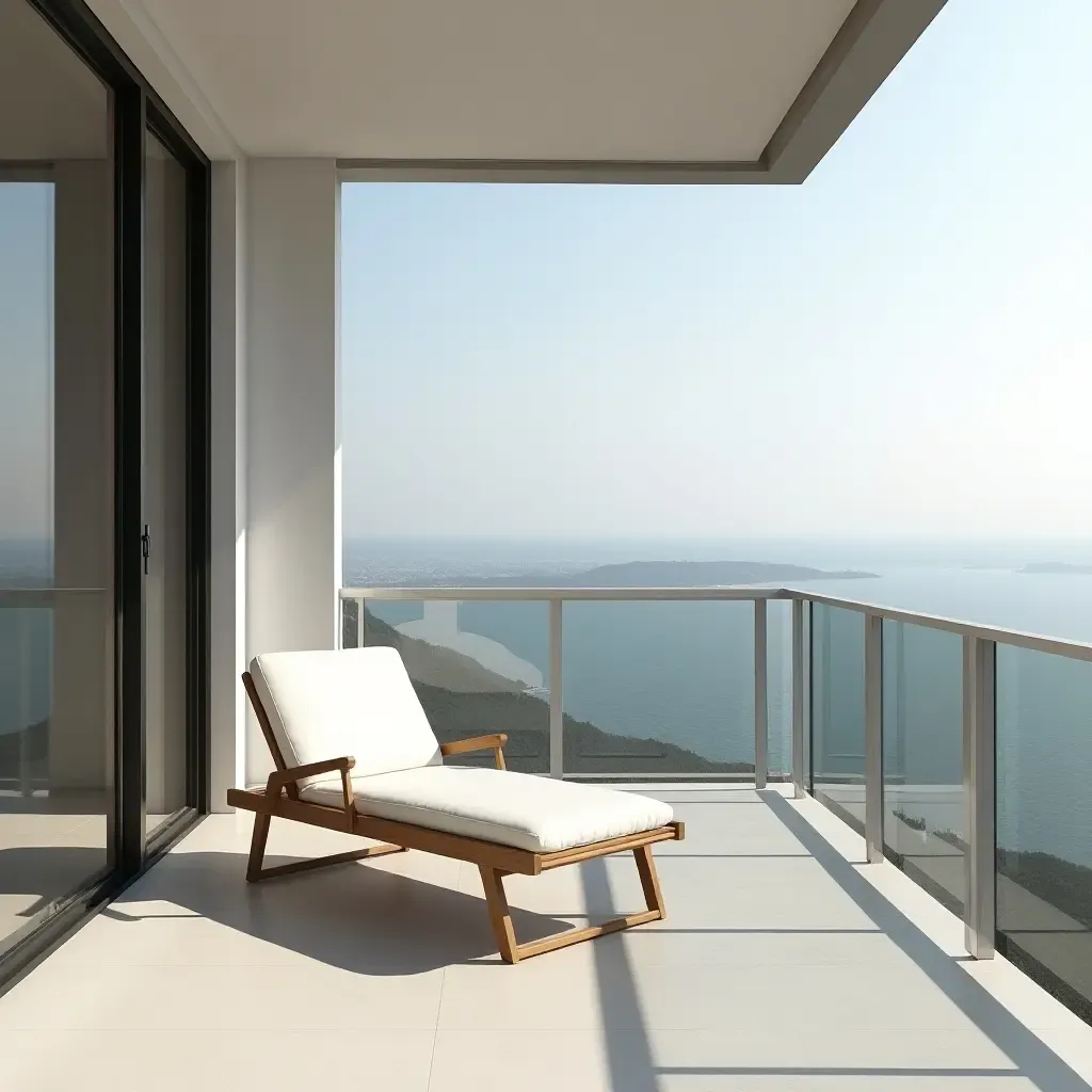 a photo of a minimalist balcony with a sun lounger and sleek decor