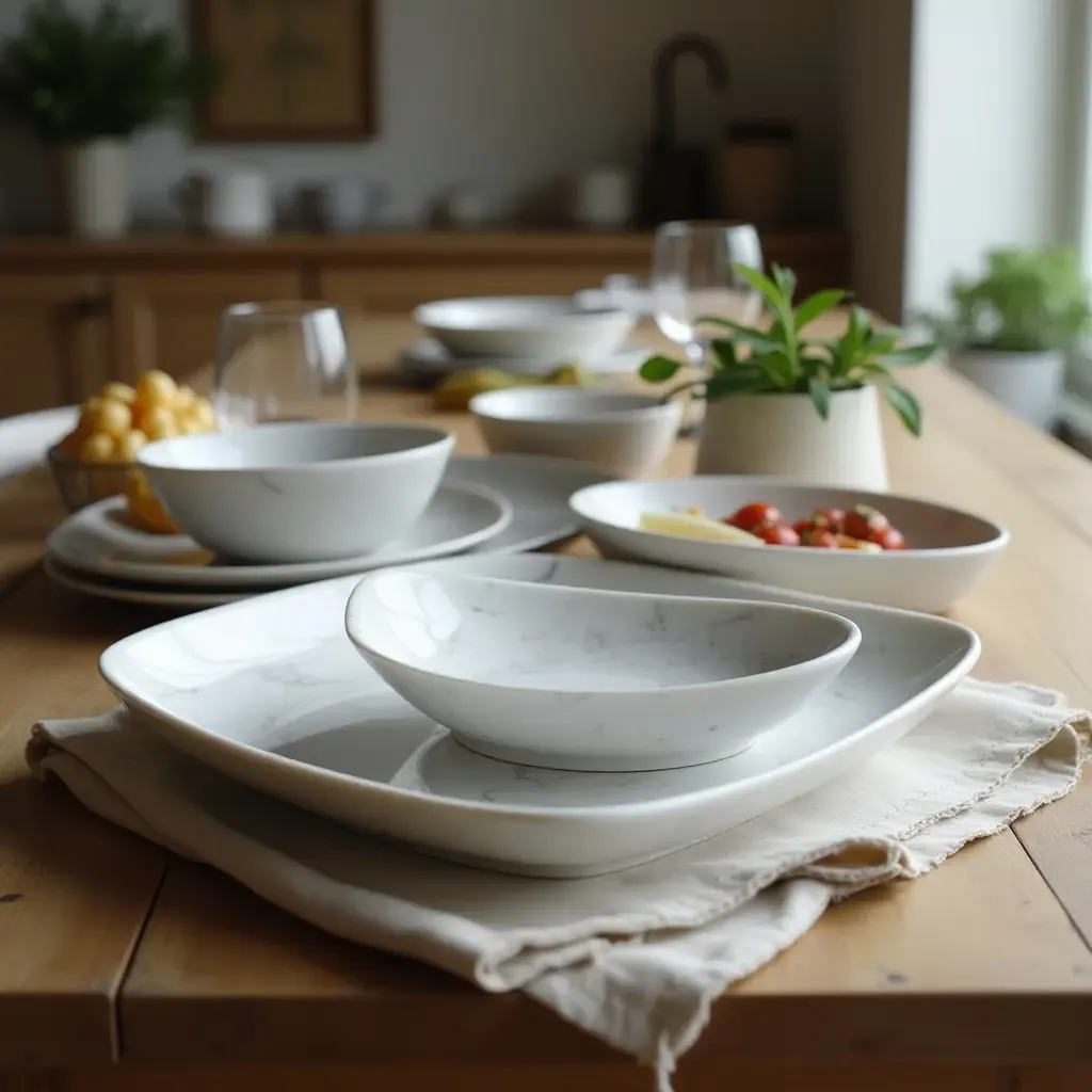 a photo of elegant marble serving dishes on a rustic kitchen table