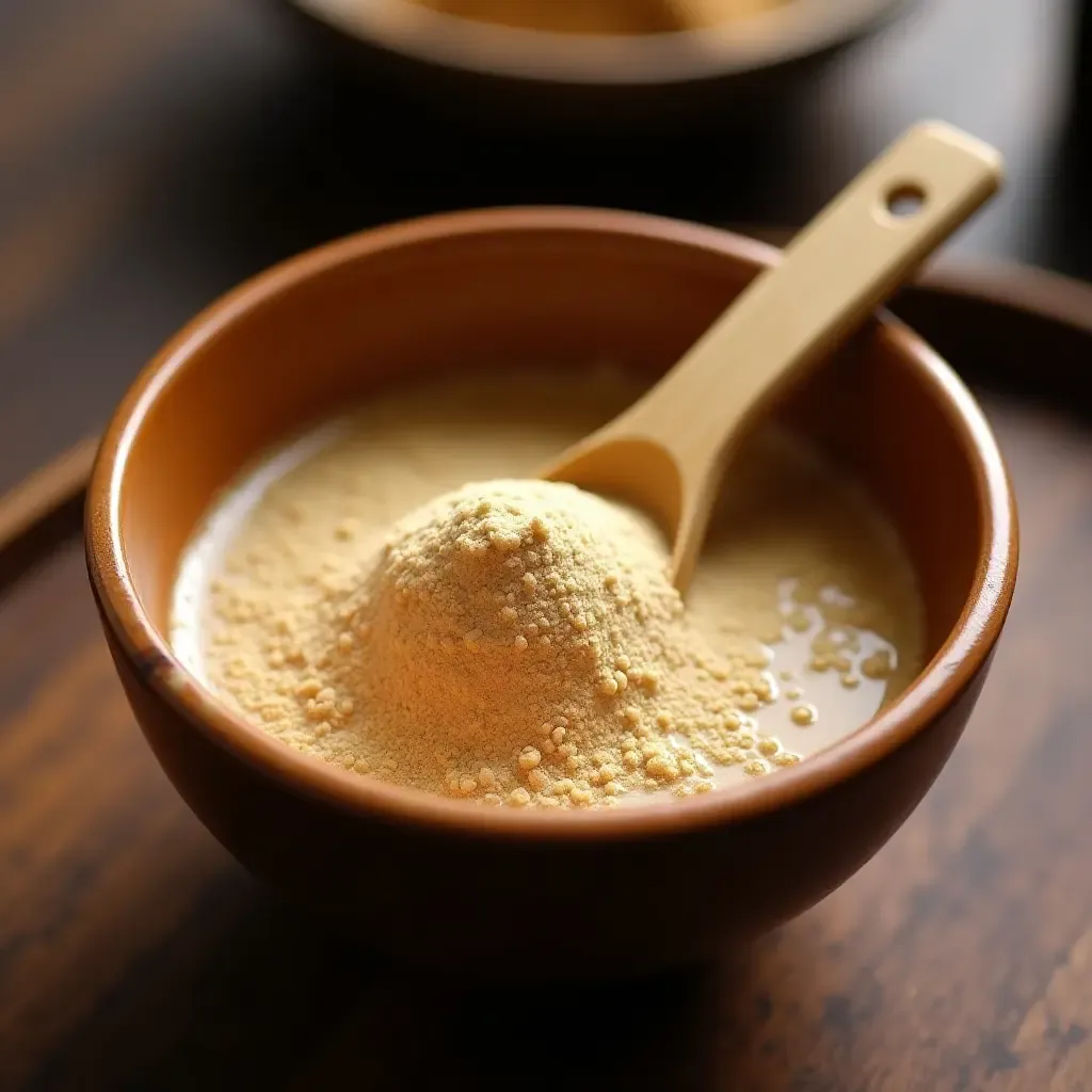 a photo of a bowl of misutgaru, a roasted grain powder drink, served with a wooden spoon.