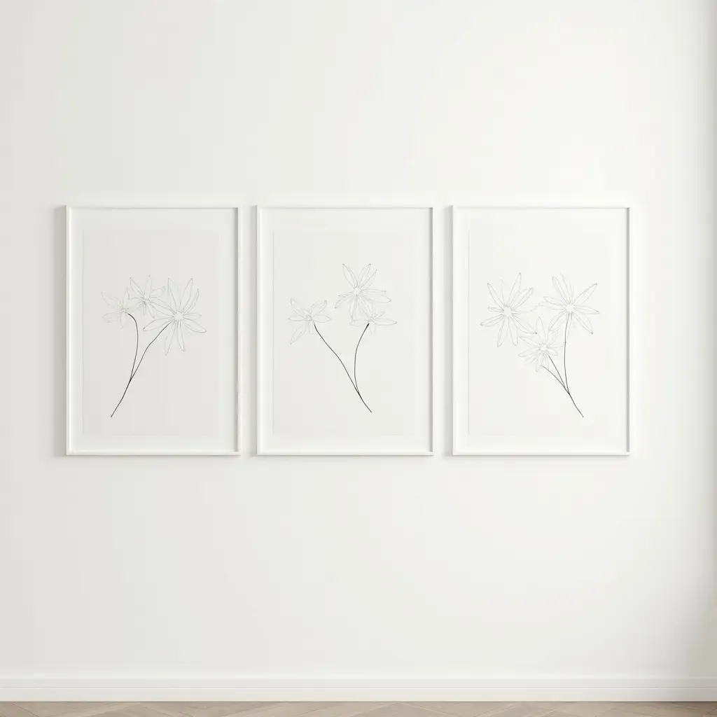 a photo of a minimalist wall art arrangement with line drawings