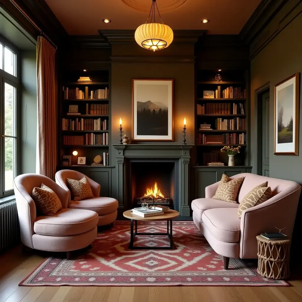 a photo of a quaint home library with a fireplace and plush seating