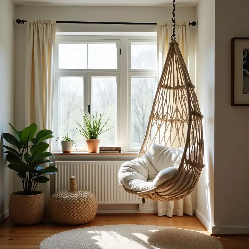 a photo of a cozy reading nook with a macrame hanging chair