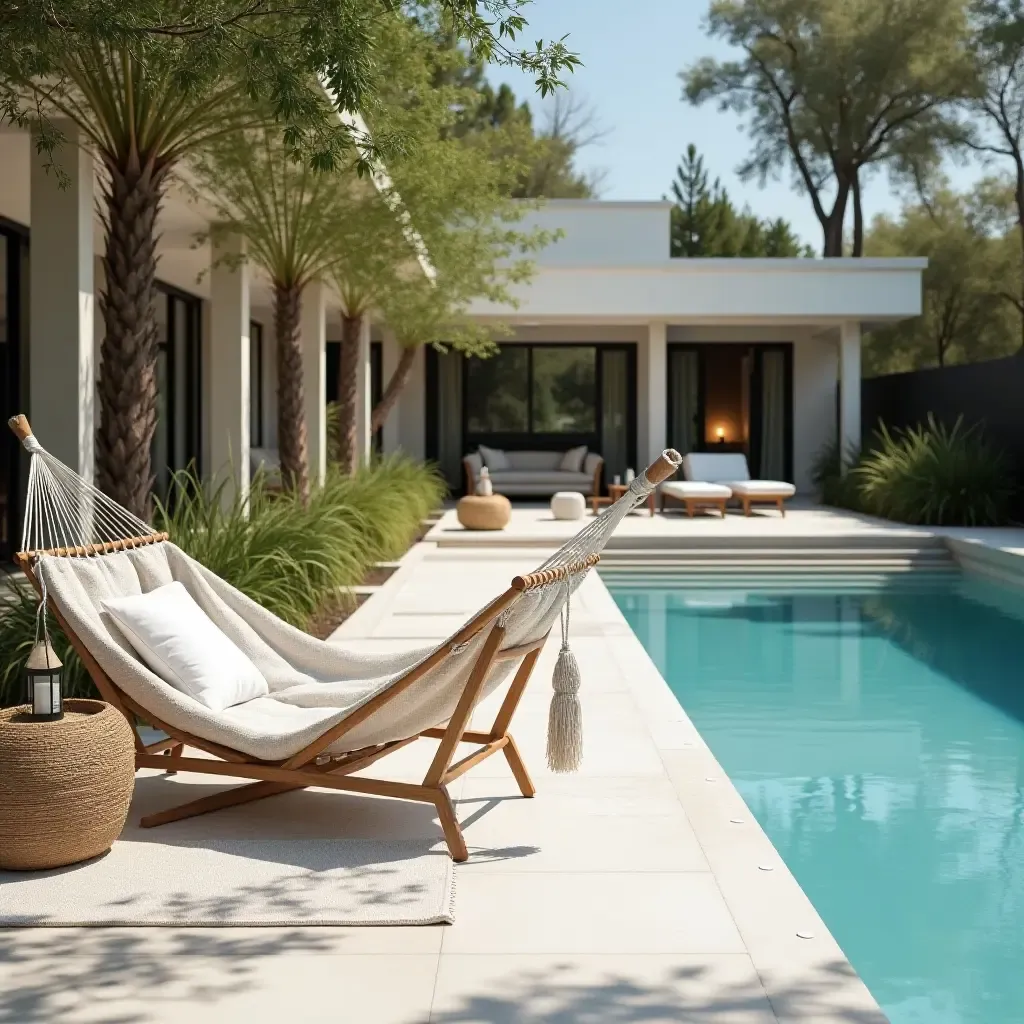 a photo of a serene poolside with a Scandinavian-inspired hammock and soft textiles