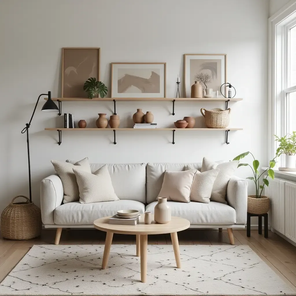 a photo of a functional Scandinavian living room with open shelving and decorative items