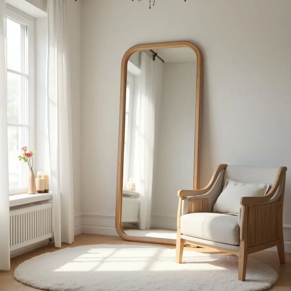 a photo of a nursery with a large floor mirror reflecting sunlight