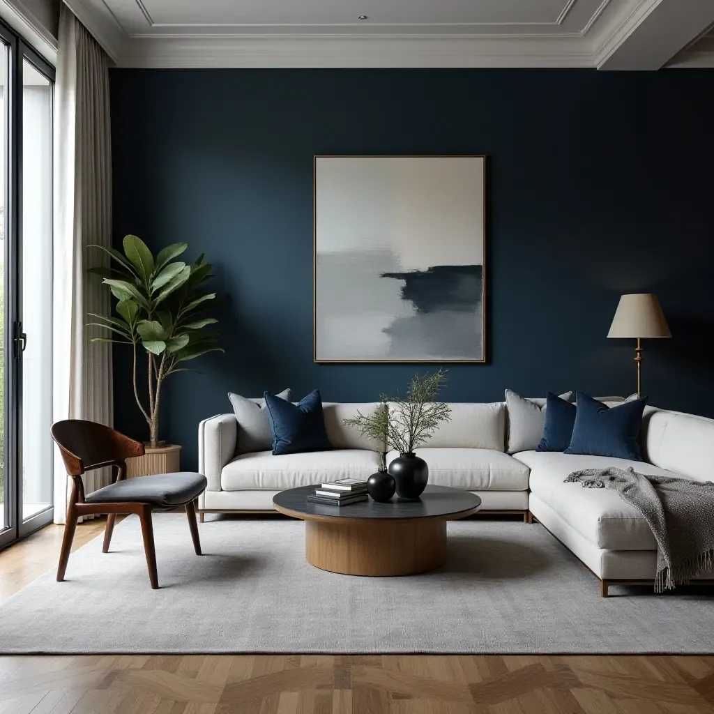 a photo of a sophisticated living room with a deep navy blue accent wall and art pieces