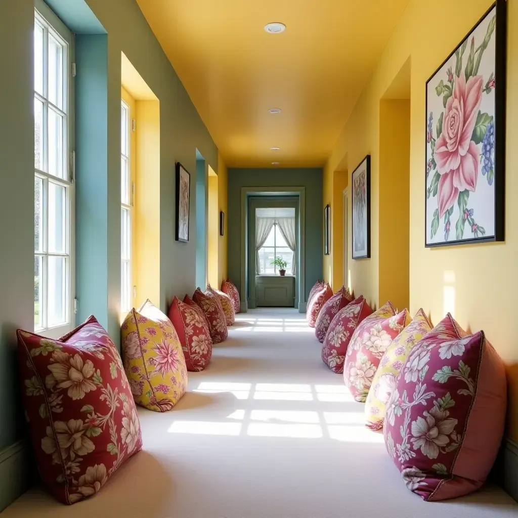 a photo of a vibrant corridor featuring throw pillows with floral prints