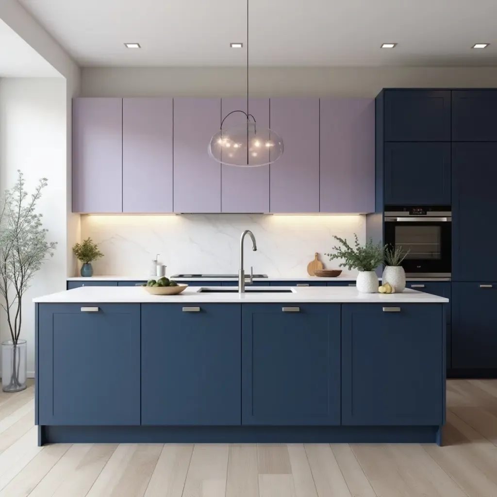 a photo of soft lavender and deep navy kitchen cabinetry