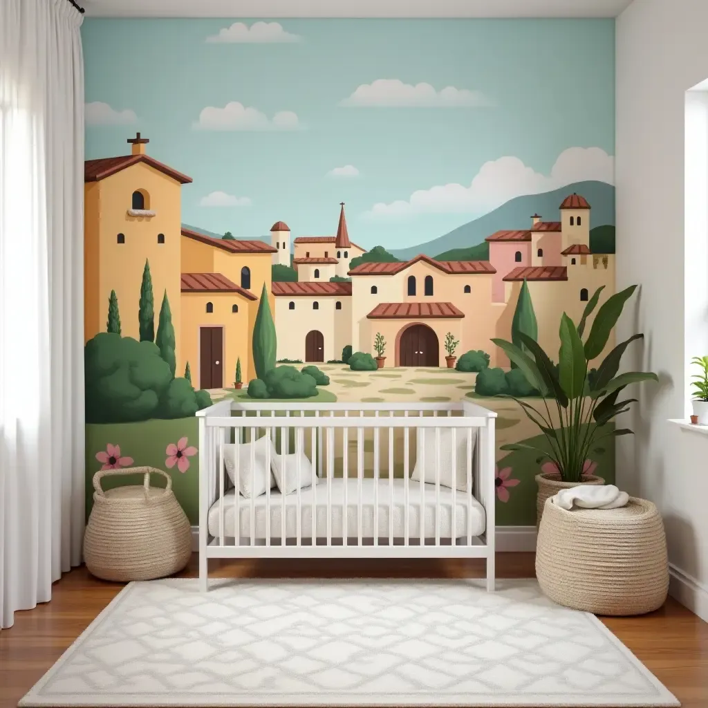 a photo of a nursery showcasing a beautiful mural of a Mediterranean village