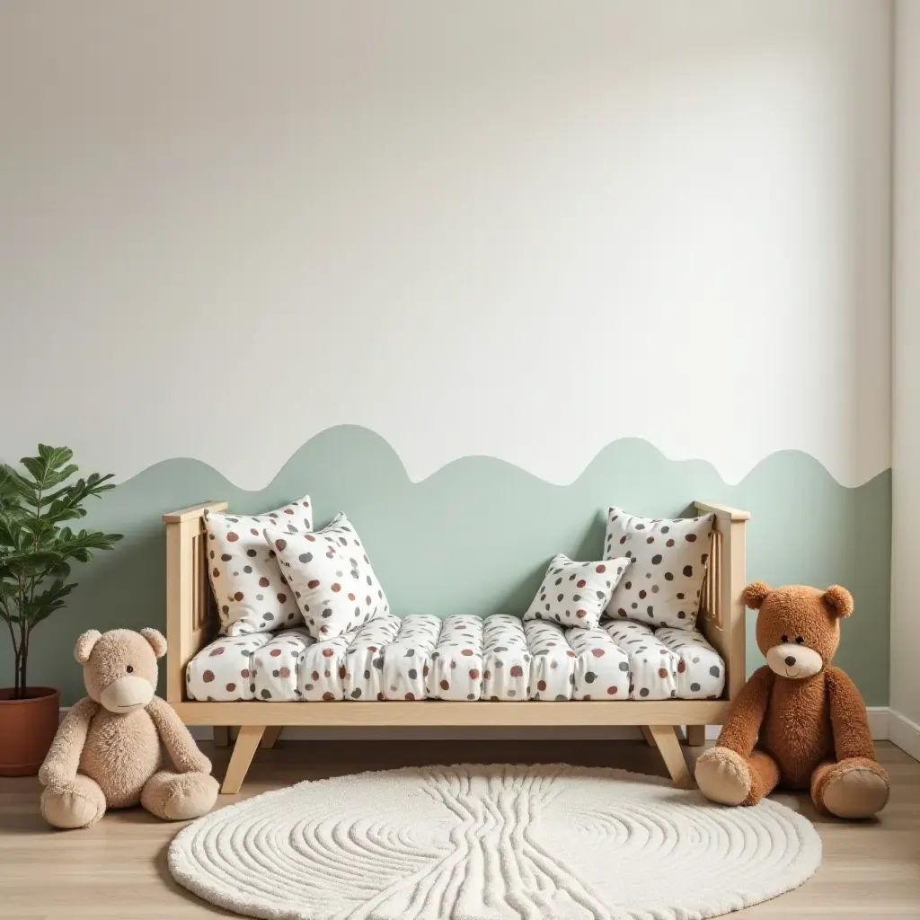 a photo of a playful children&#x27;s room with a farmhouse theme and stuffed animals