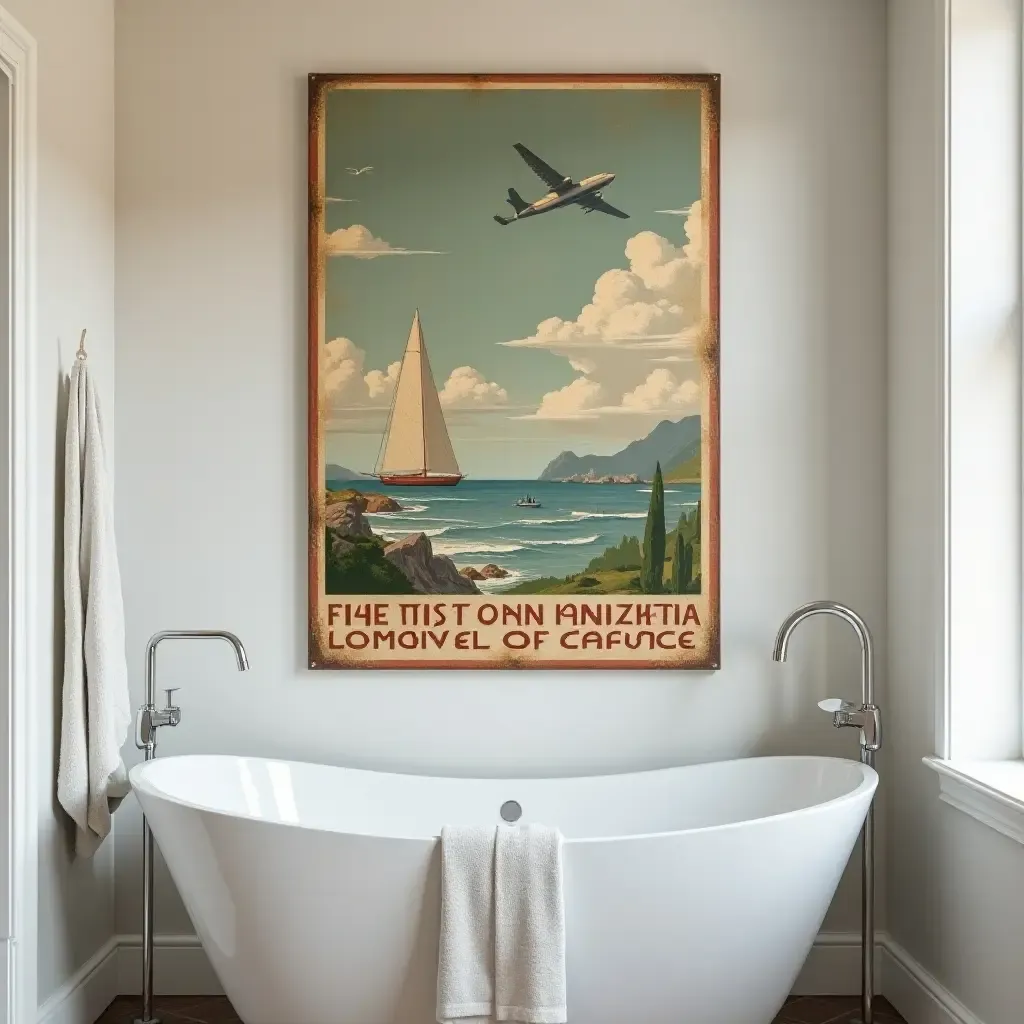 a photo of a vintage travel poster hanging in a bathroom