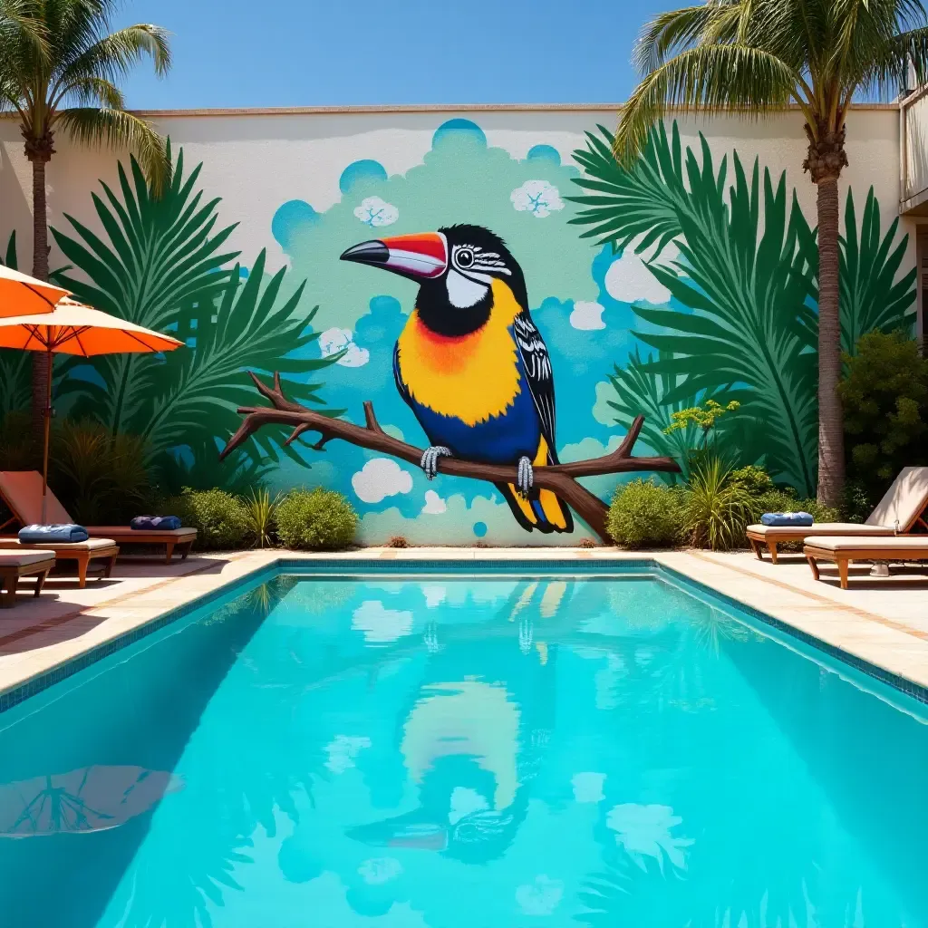 a photo of a vibrant tropical bird mural on a pool wall