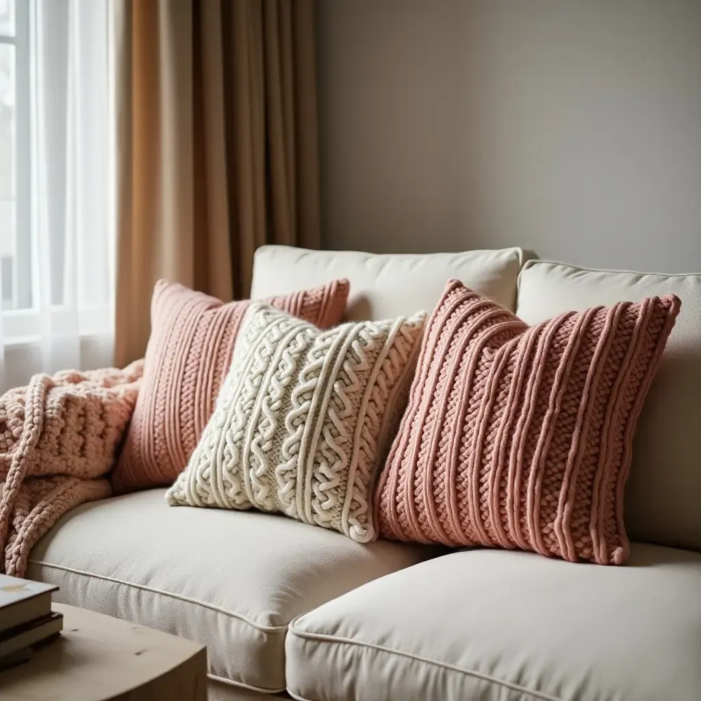 a photo of a warm living room with knitted throw pillows on a plush sofa