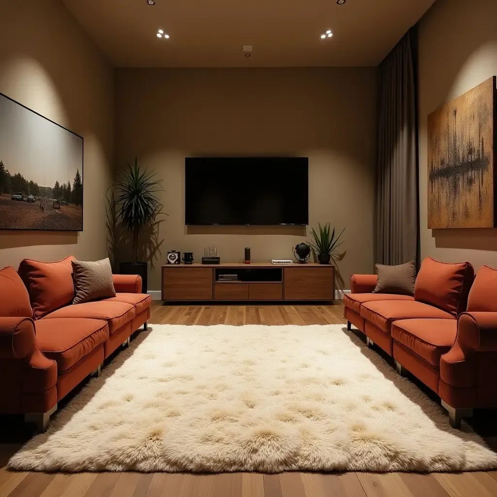 a photo of a plush shag rug creating comfort in a basement game room