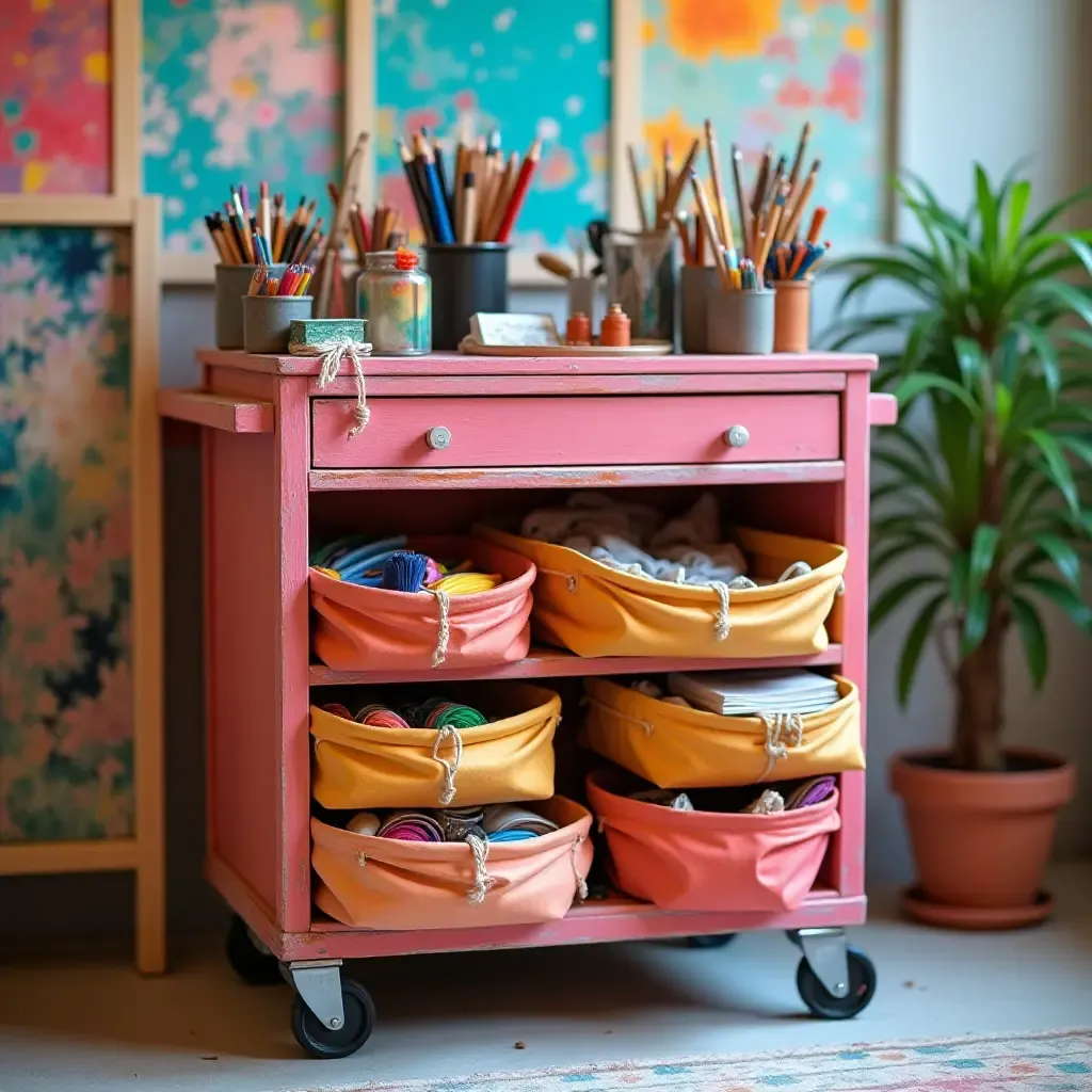 a photo of a vibrant storage cart filled with art supplies