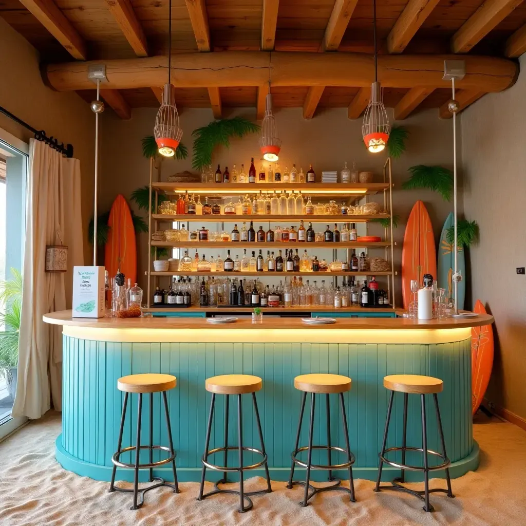 a photo of a playful beach-themed bar with surfboards and sand decor