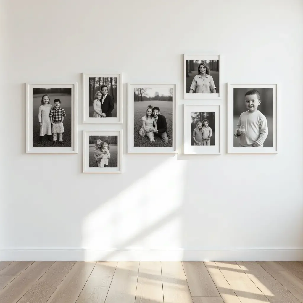 a photo of a gallery wall displaying family photos in black and white