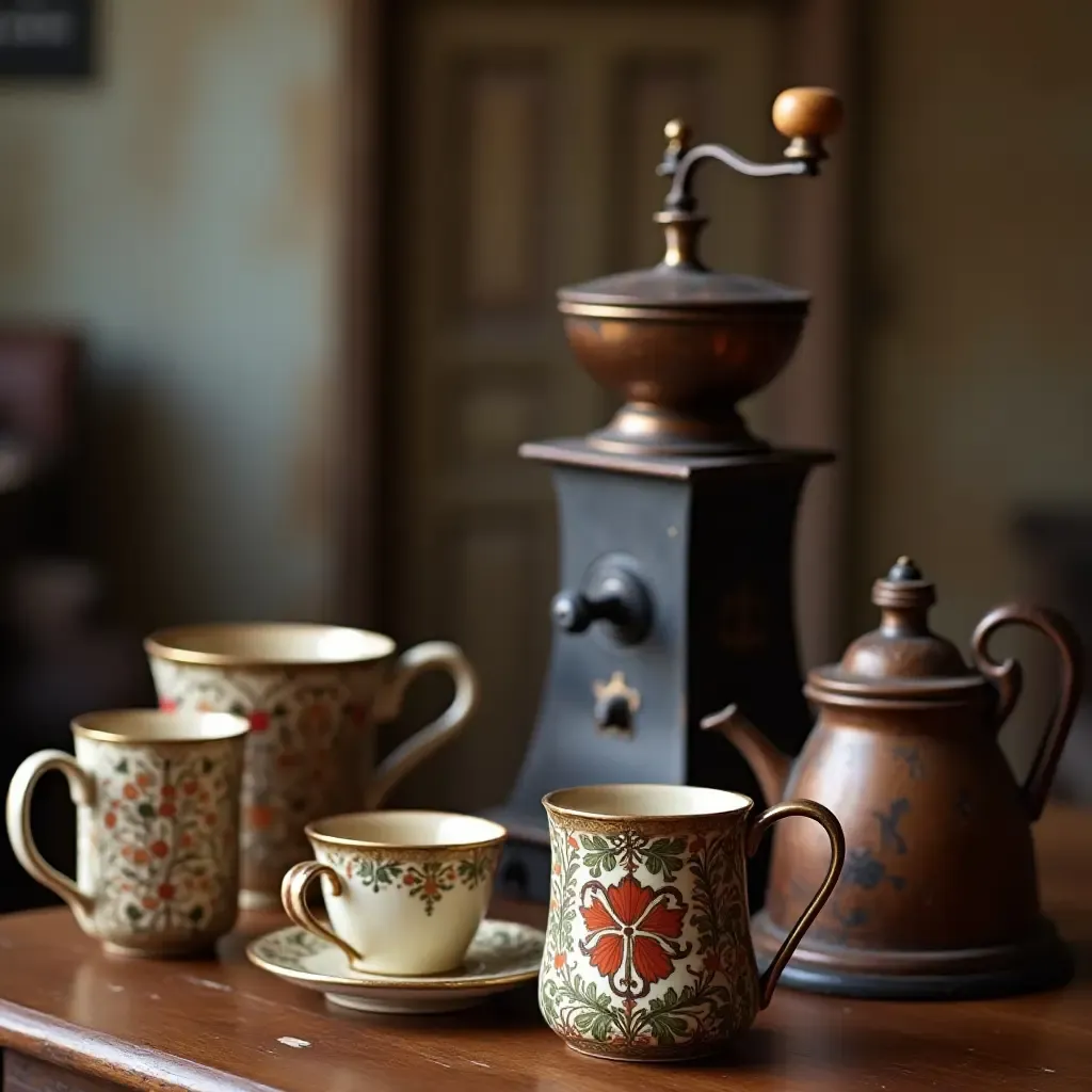 a photo of a vintage coffee station with antique mugs and a classic coffee grinder