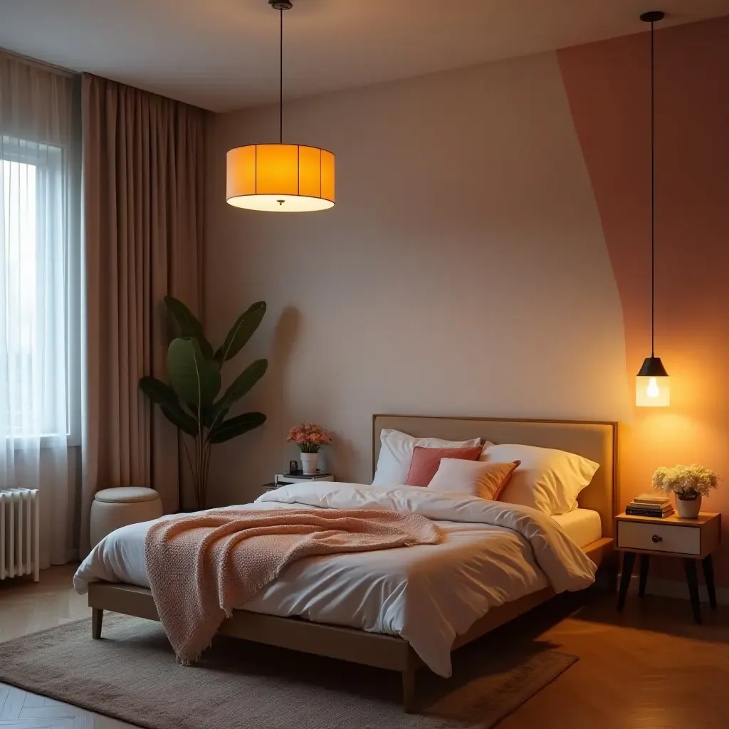 a photo of a modern teen bedroom with colorful pendant lighting