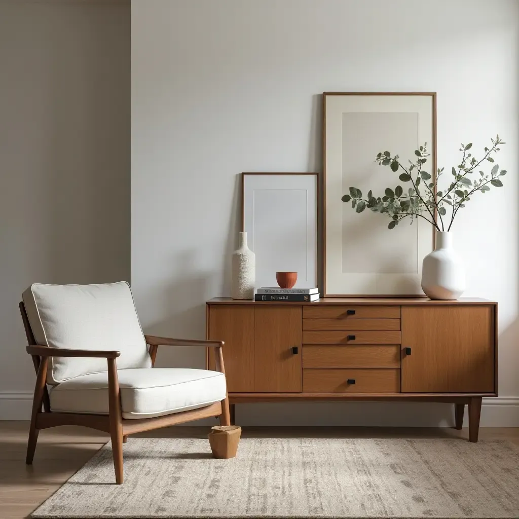 a photo of a stylish living space blending a vintage sideboard with contemporary furniture