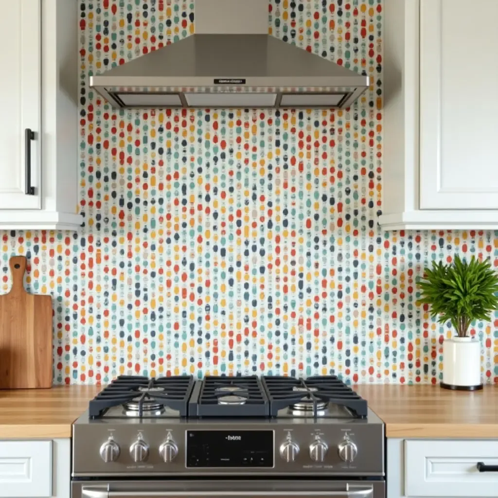 a photo of colorful patterned tiles on a kitchen backsplash