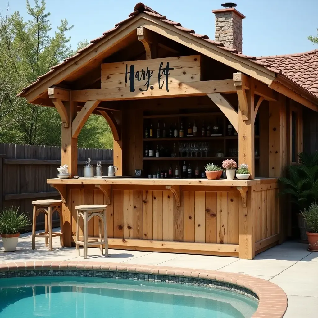 a photo of a rustic wooden poolside bar with DIY signs