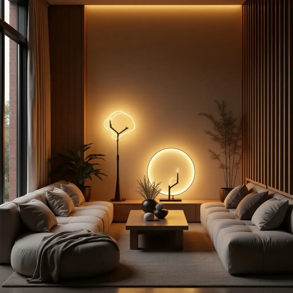 a photo of a small living room with a unique light sculpture