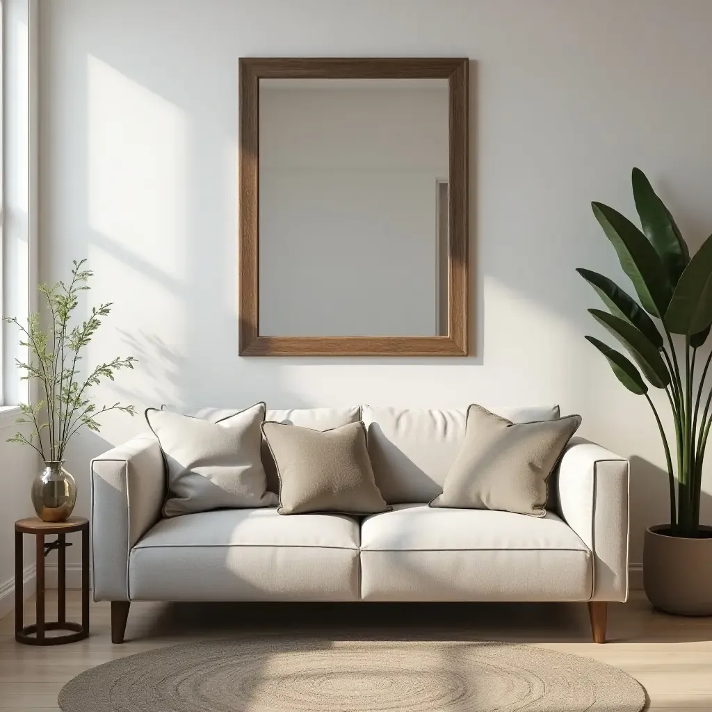 a photo of a living room featuring a large farmhouse-style mirror