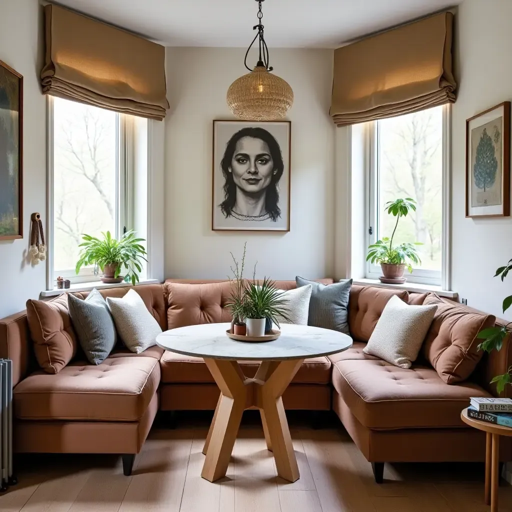 a photo of a breakfast nook with an eclectic mix of furniture and decor