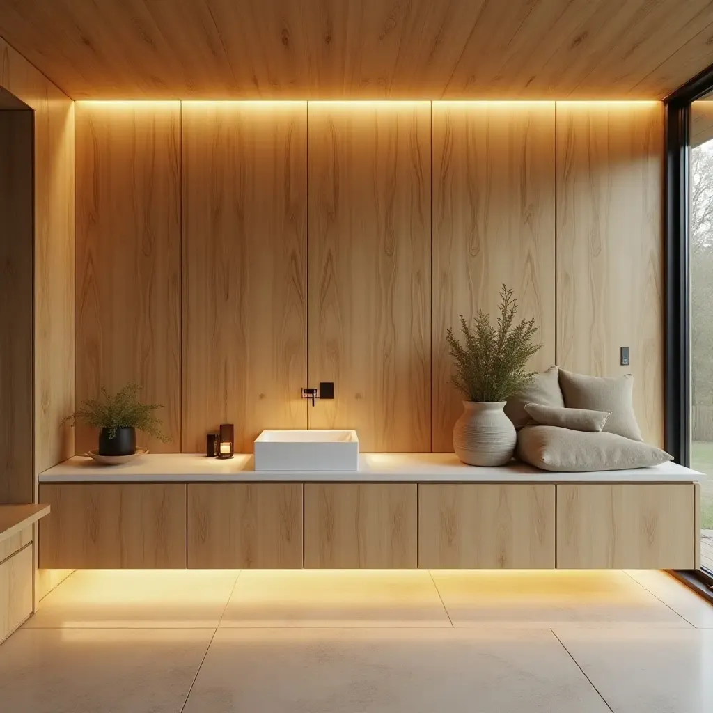 a photo of a natural wood wall with integrated lighting