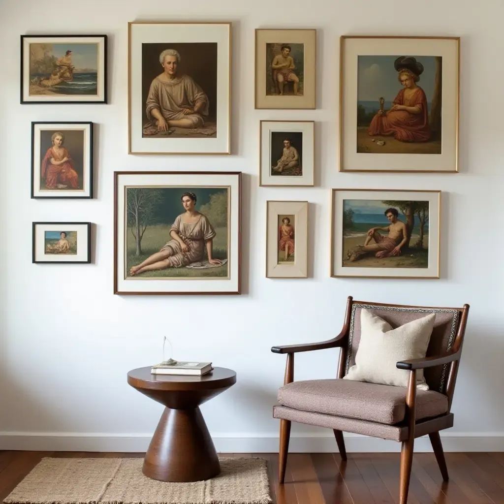 a photo of a gallery wall with eclectic art pieces from different cultures