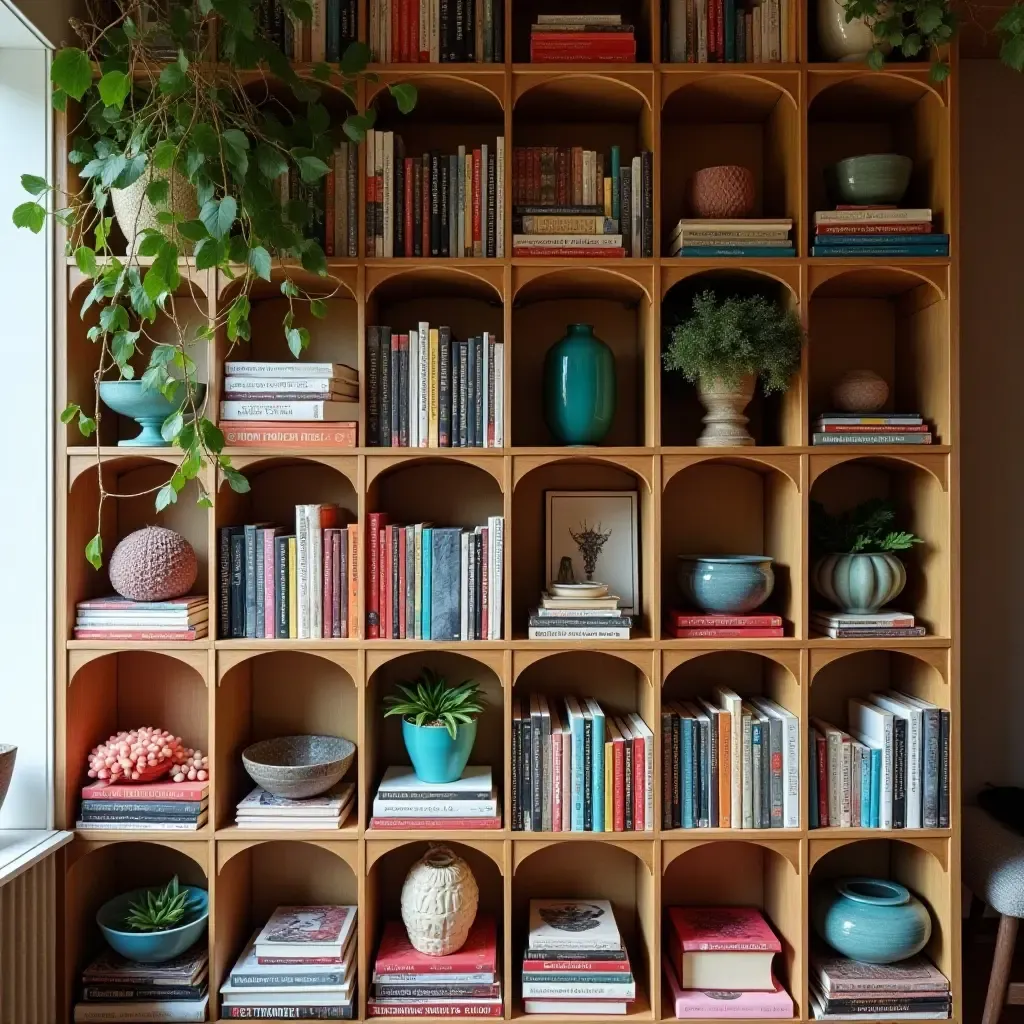 a photo of a bohemian-style bookshelf filled with colorful books and decor