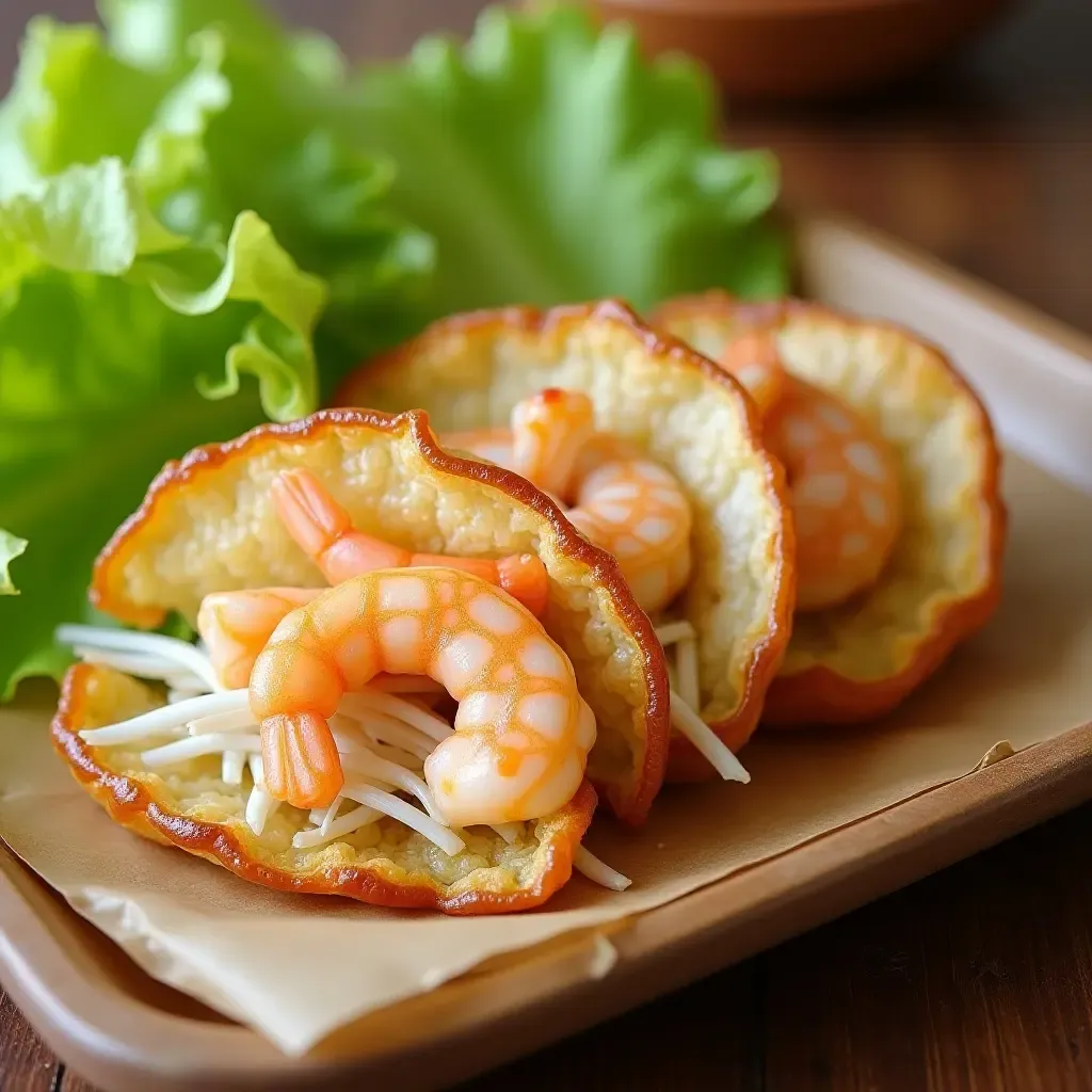 a photo of a crispy banh xeo pancake, stuffed with shrimp and bean sprouts, served with lettuce.