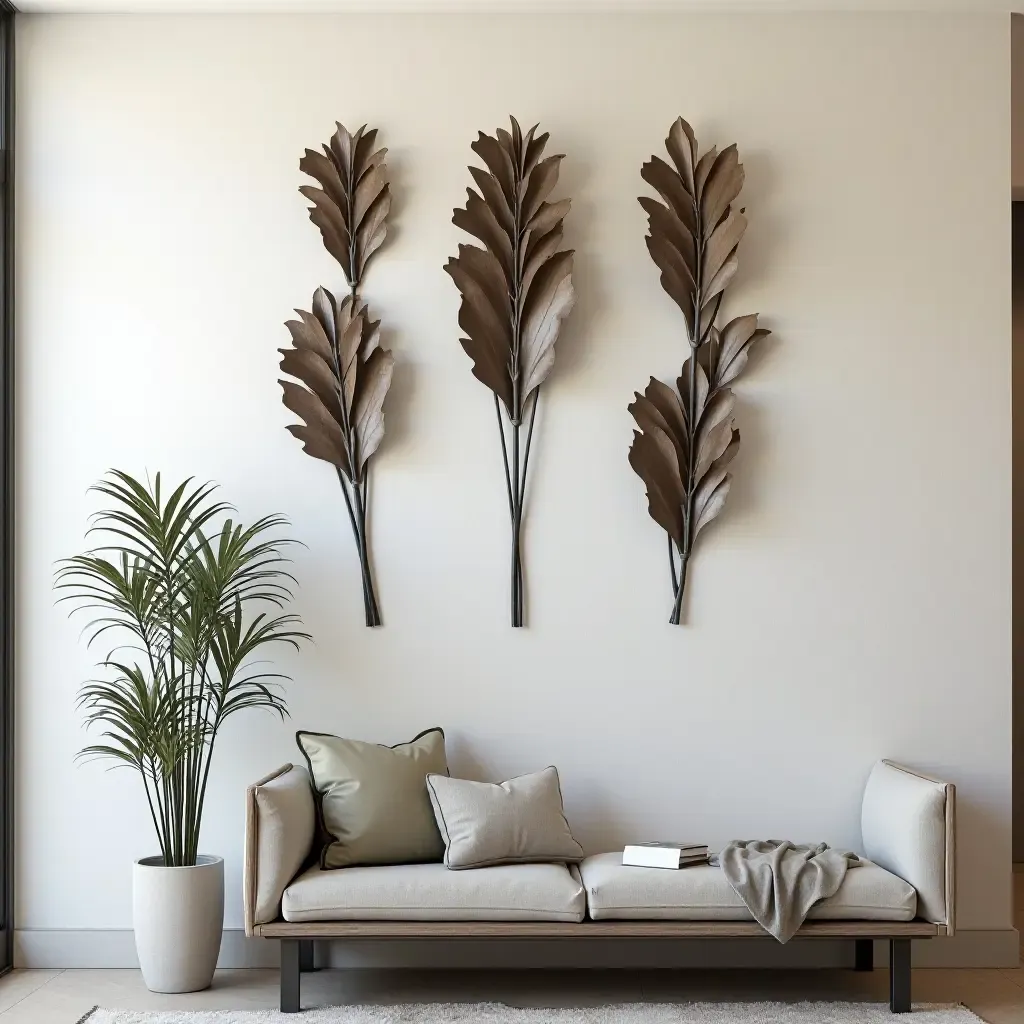 a photo of a balcony wall showcasing metal wall sculptures