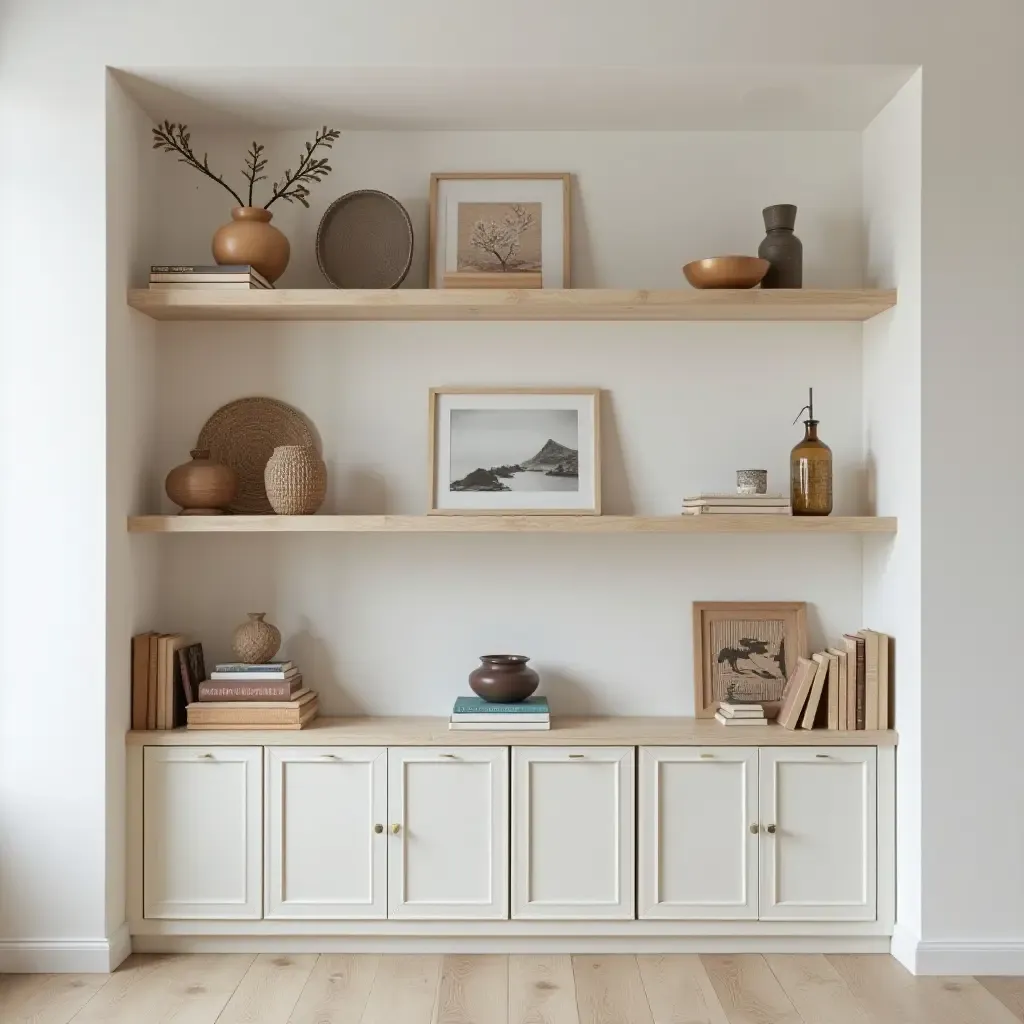 a photo of a minimalist bookshelf showcasing bohemian art pieces