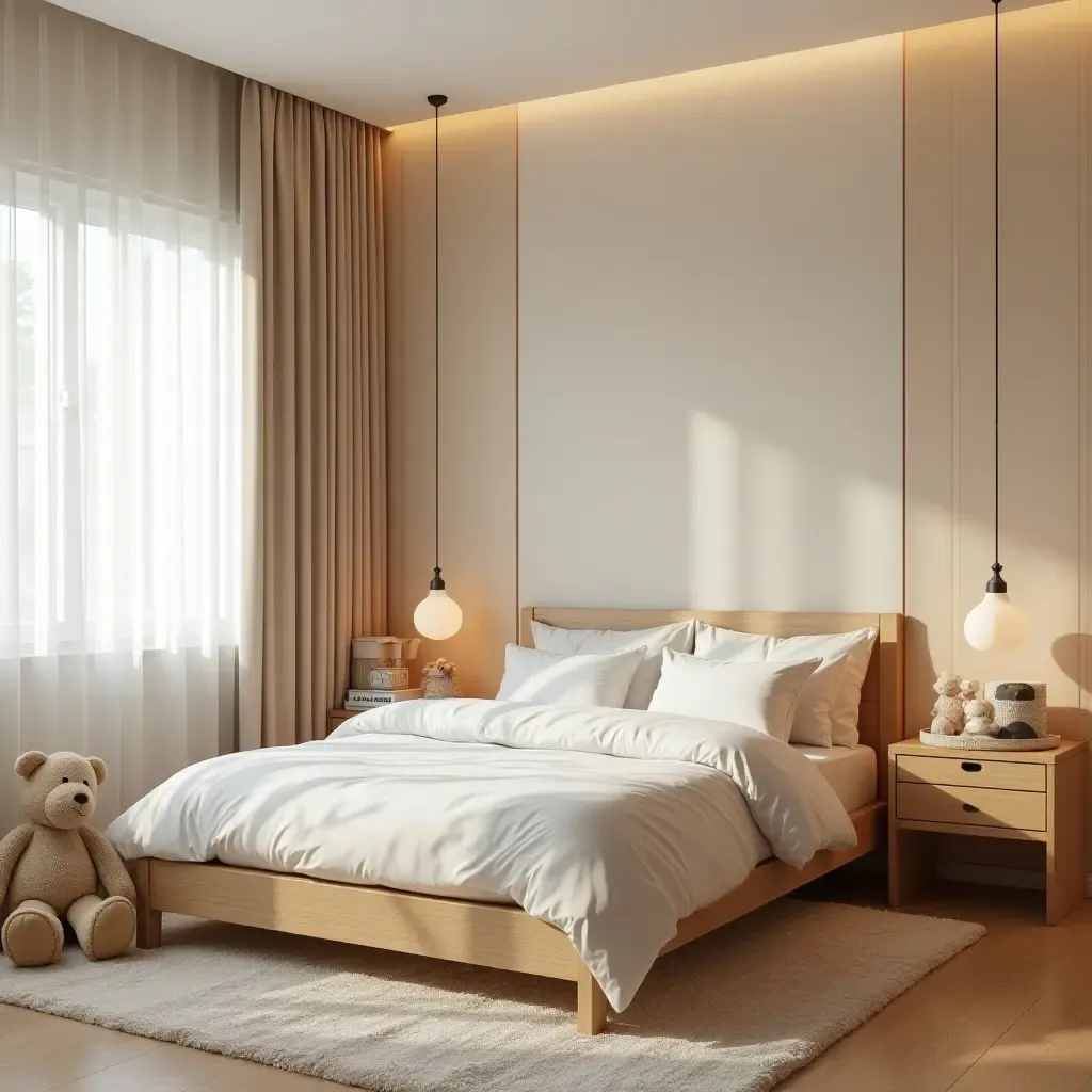 a photo of a delightful bedroom with wooden accents and plush toys