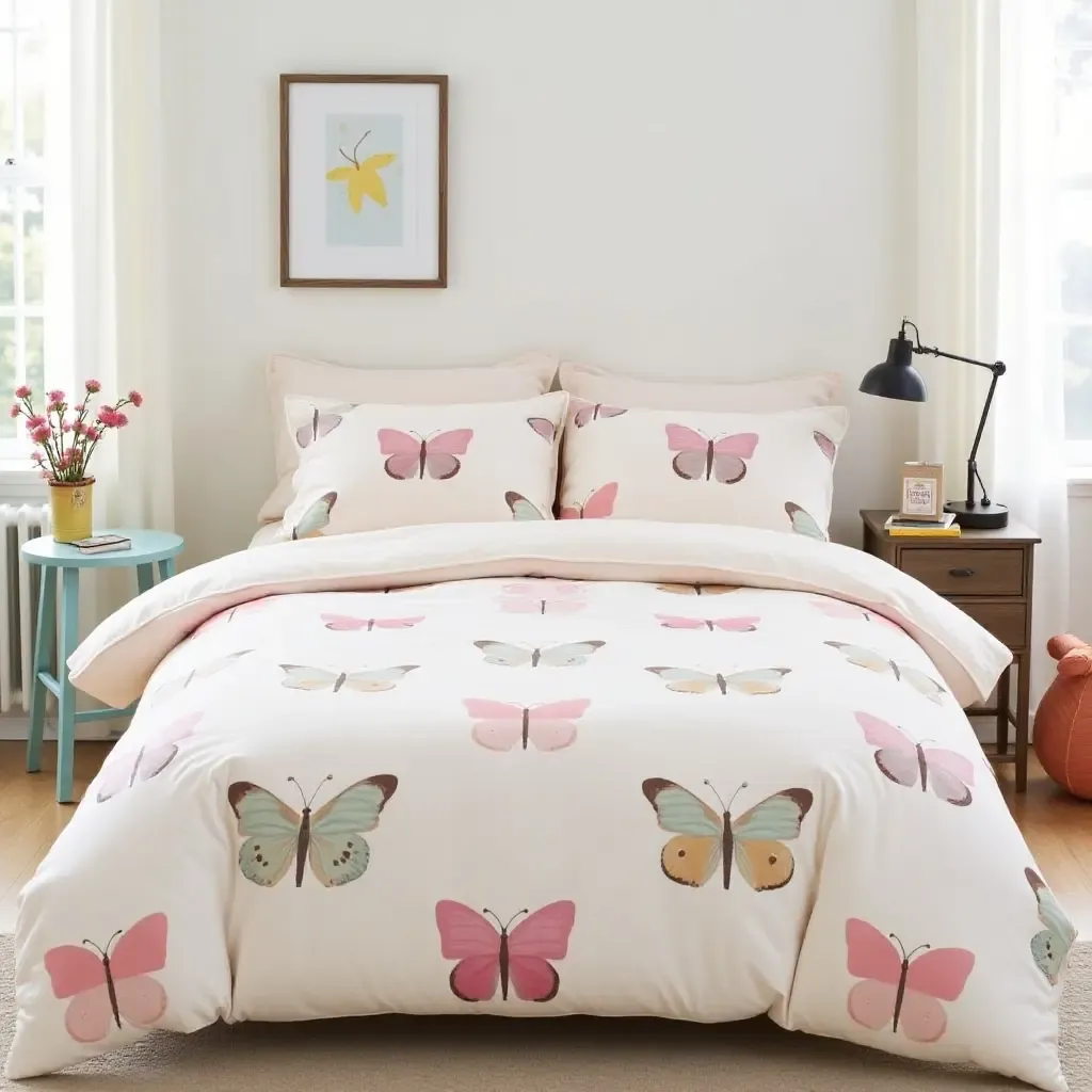 a photo of a whimsical butterfly-themed bedding set