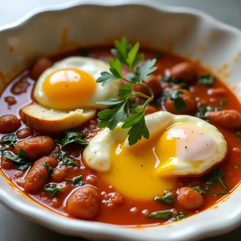 a photo of a vibrant Portuguese açorda with herbs, bread, and poached eggs.