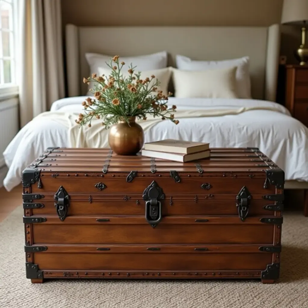 a photo of a vintage trunk used as a coffee table in a cozy bedroom