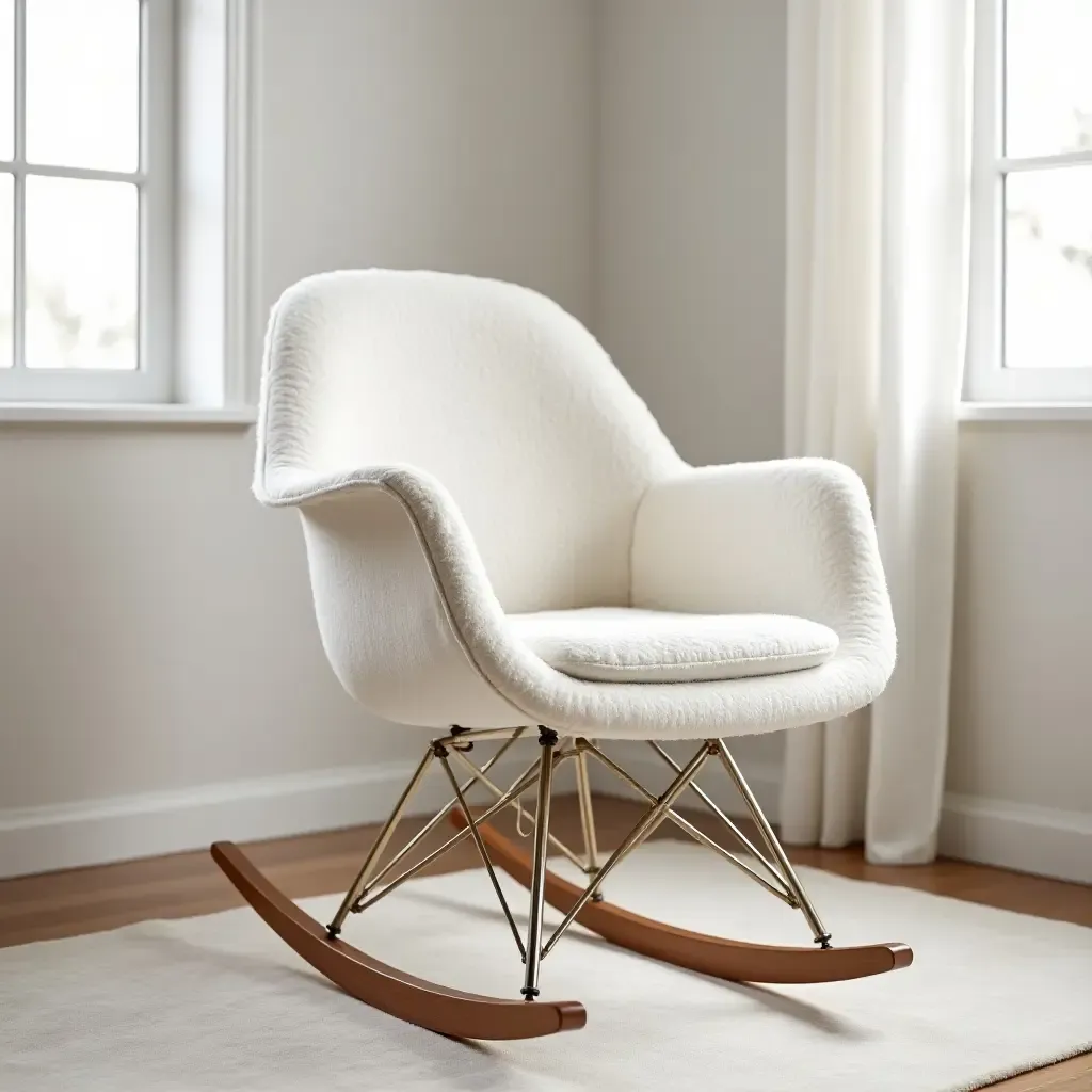 a photo of a plush rocking chair with metallic accents in a nursery