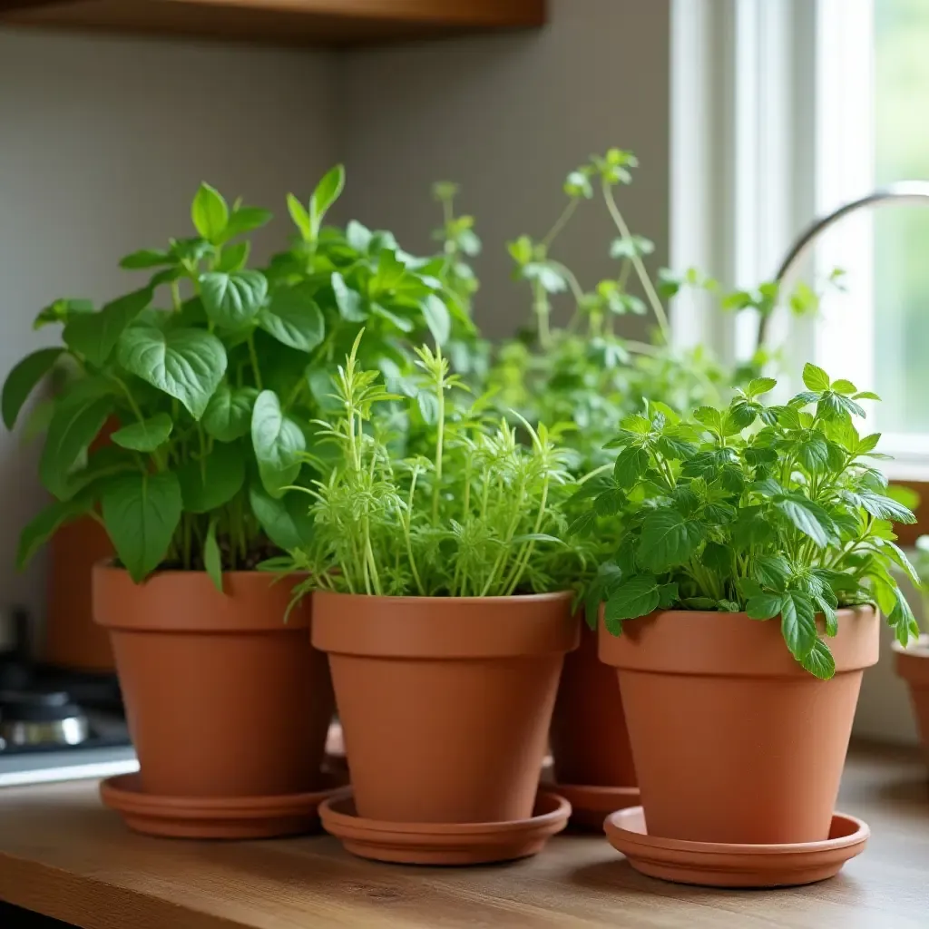 a photo of a kitchen with terracotta pots and fresh herbs