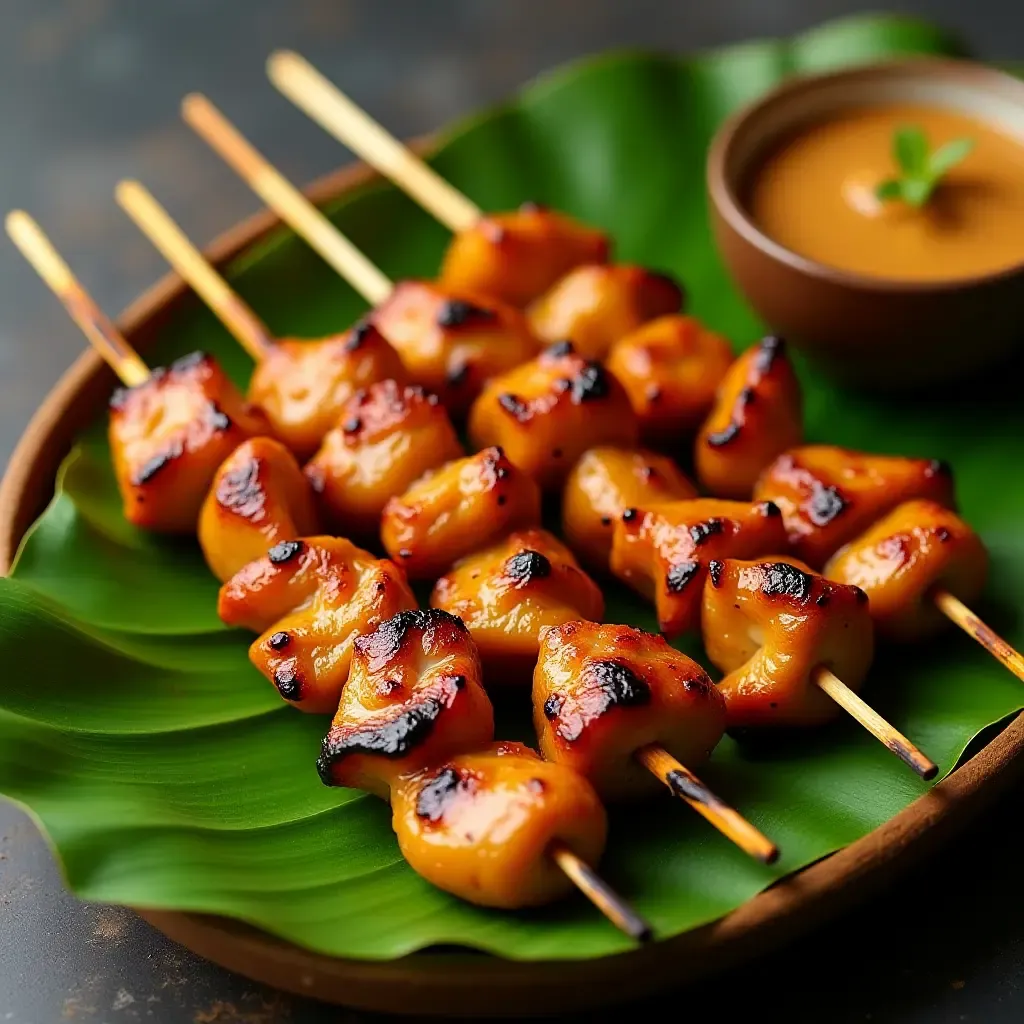 a photo of spicy Thai chicken satay skewers with peanut sauce on a banana leaf