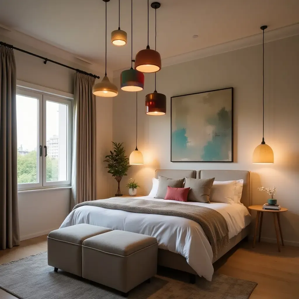 a photo of a contemporary bedroom with colorful pendant lights hanging from the ceiling