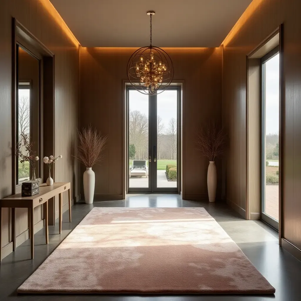 a photo of a luxurious velvet rug in a grand entryway