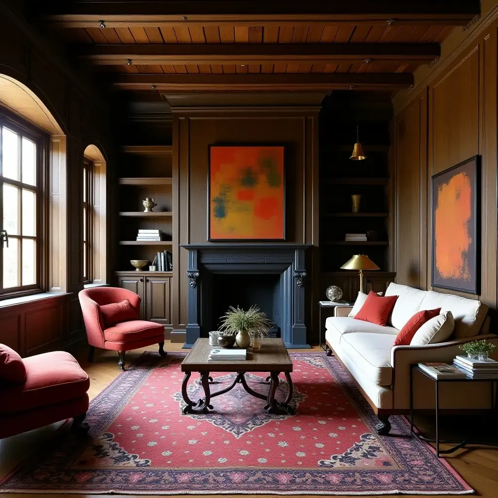 a photo of a colonial-style living room with dark wood furniture and rich textiles