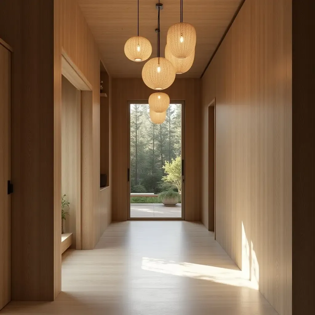 a photo of an entrance hall with pendant lights made from natural materials