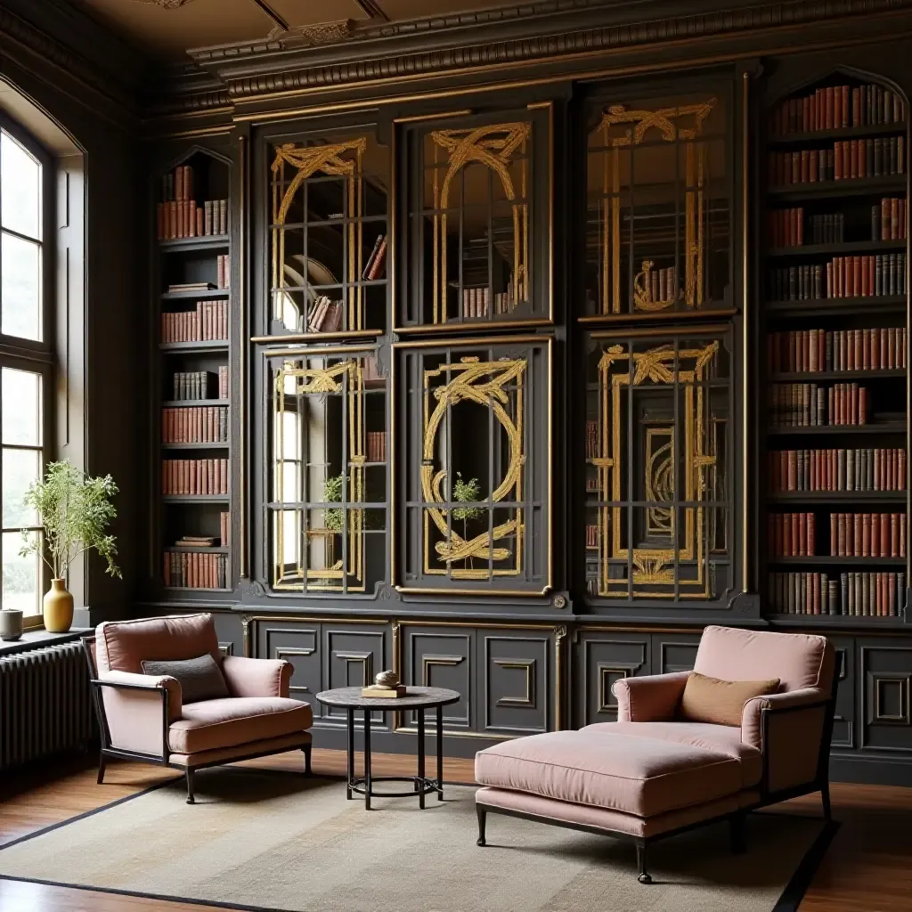 a photo of a library wall with a series of artful mirrors