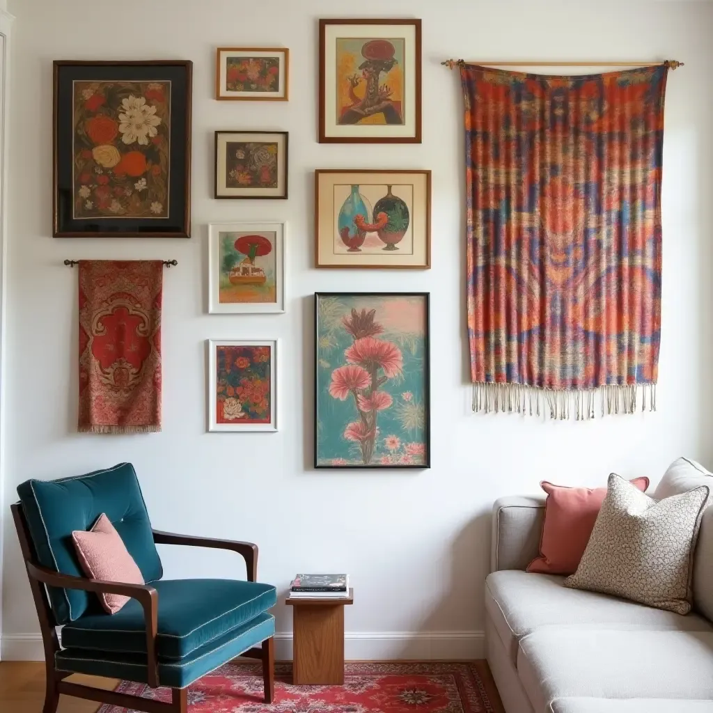 a photo of an eclectic gallery wall featuring colorful art and textiles